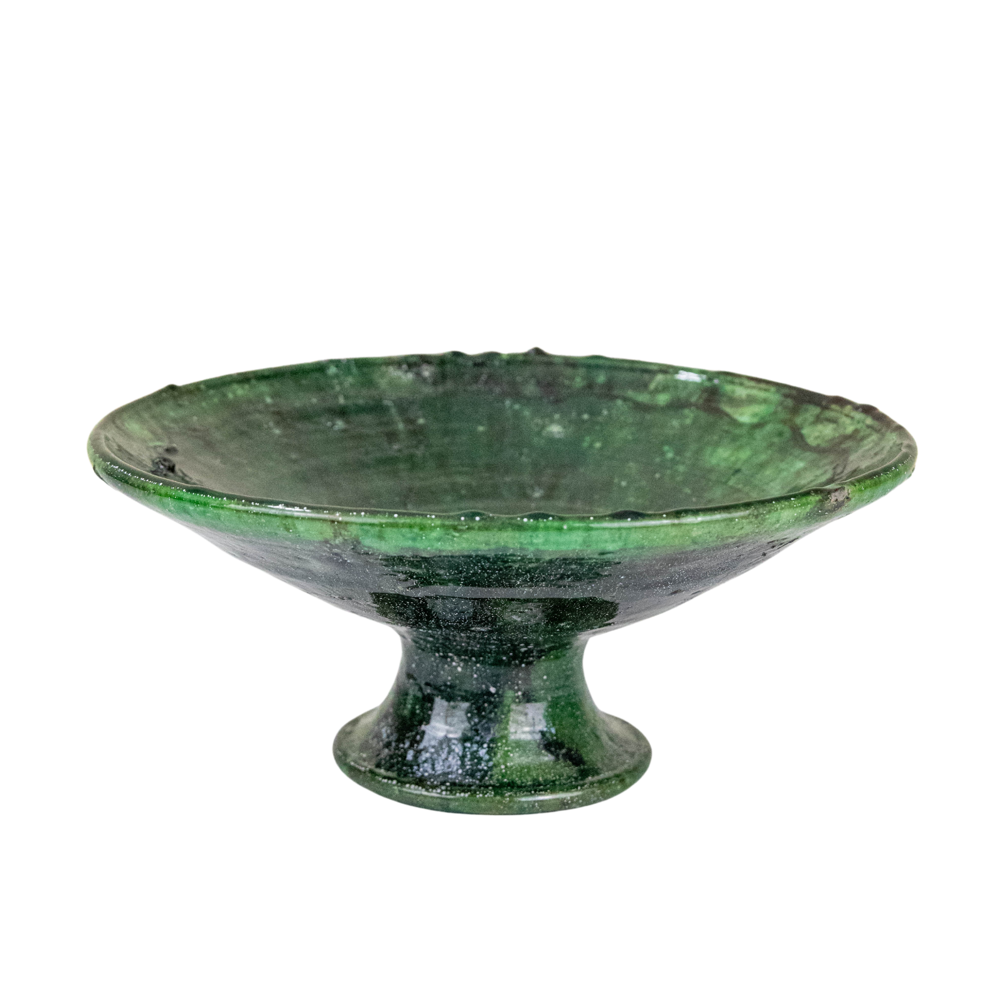 Large Moroccan Vintage Green Glazed Pedestal Fruit Bowl